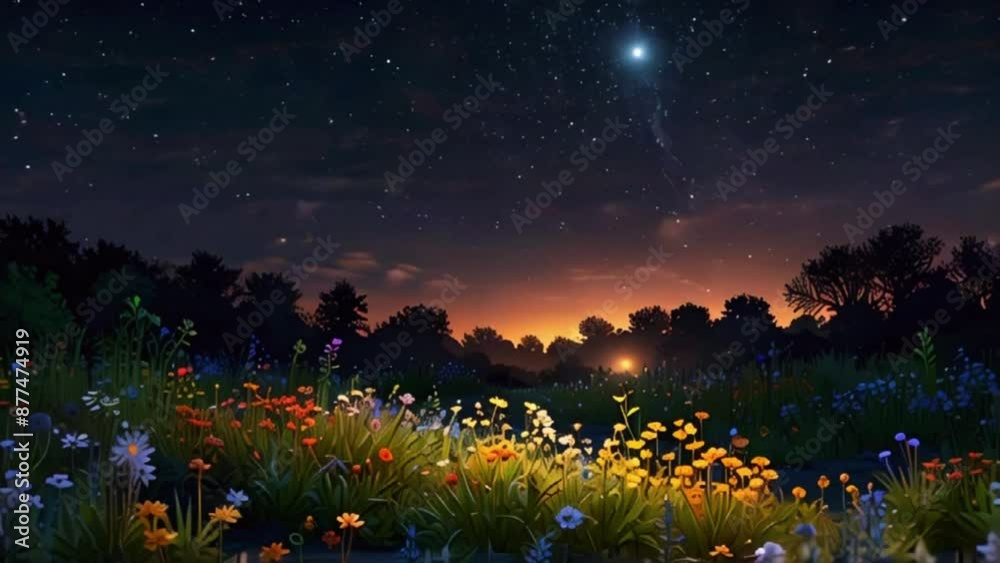 A magical garden with various pink flowers, fairies flitting about, and a dusky sky with auroras and twinkling stars, 4K High-Quality wallpaper animation video A magical garden with various pink flowers, fairies flitting about, and a dusky sky with auroras and twinkling stars, 4K High-Quality wallpaper animation video