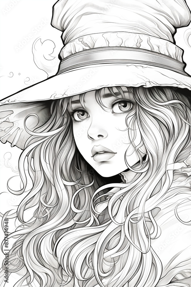 A young, beautiful witch with fluffy hair and big eyes. Boho style. Lots of elements. Сoloring book page, no shading, black and white, thick lines, white background. Generative AI tools A young, beautiful witch with fluffy hair and big eyes. Boho style. Lots of elements. Сoloring book page, no shading, black and white, thick lines, white background. Generative AI tools