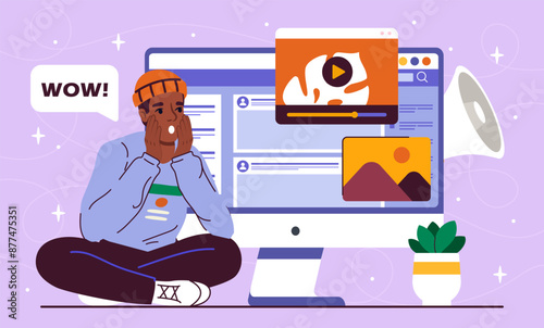Man with emotive content. Young guy in hat sits in shock and looks at website page. Promotion on Internet and social networks. Content creation. Flat vector illustration isolated on violet background