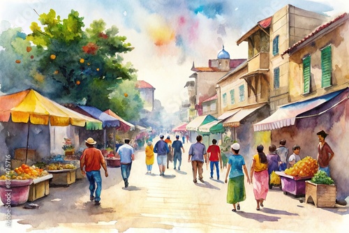 Watercolor street scene, isolated on white background, shows bustling street with collection of people and vendors, street scene, people, isolated, vendors © sompong
