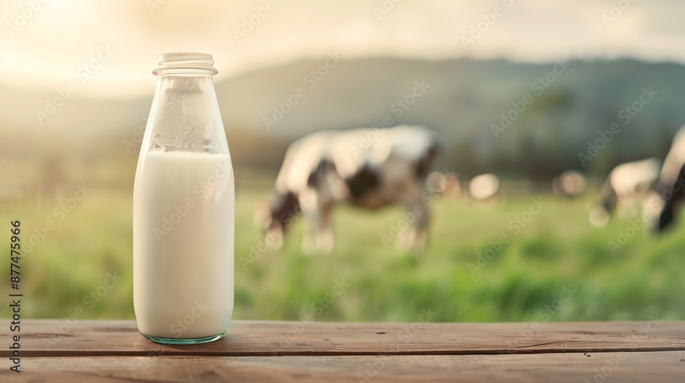 A glass bottle of fresh milk on a wooden table with cows grazing in a green pasture, symbolizing natural and organic dairy products. A glass bottle of fresh milk on a wooden table with cows grazing in a green pasture, symbolizing natural and organic dairy products.