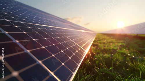 A close up view of a solar cell in a vast solar farm