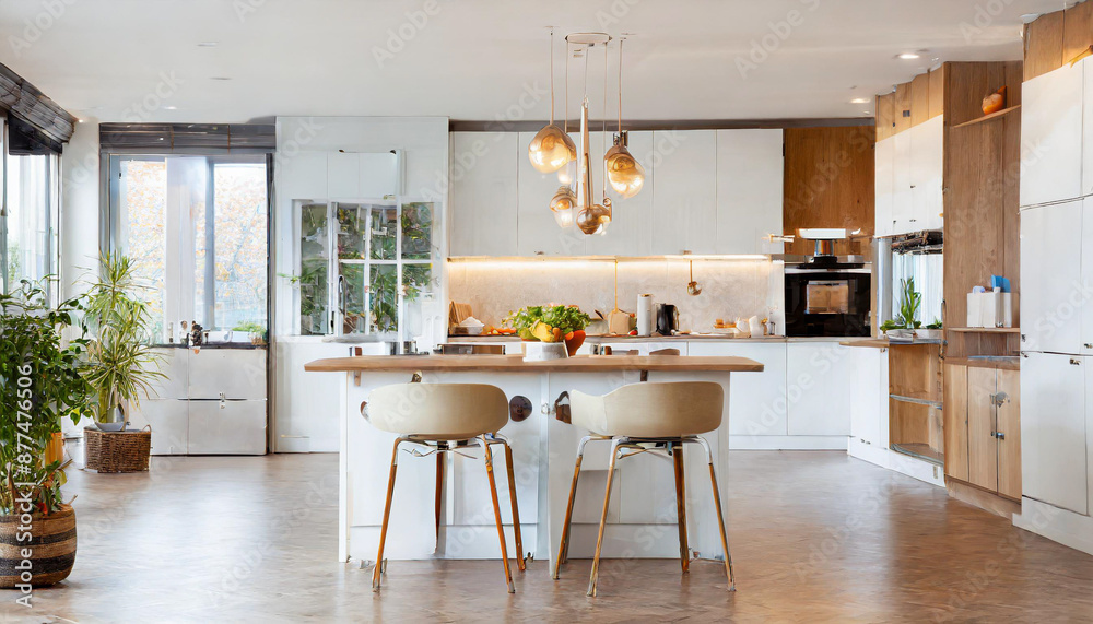 Modern kitchen with stainless steel faucet, island sink, and wall-mounted kitchenware. Modern kitchen with stainless steel faucet, island sink, and wall-mounted kitchenware.
