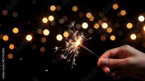 Close-up of a hand holding a lit sparkler against a black background with bokeh lights, capturing the festive and celebratory mood.