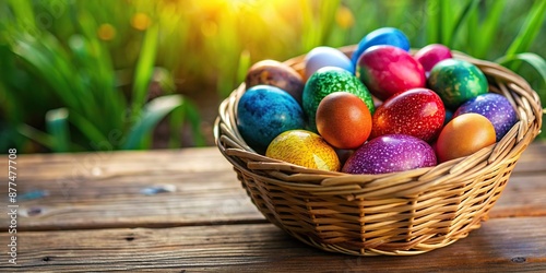 Easter egg hamper Wicker basket full of multicolor easter eggs , multicolor, eggs, Easter, easter, basket