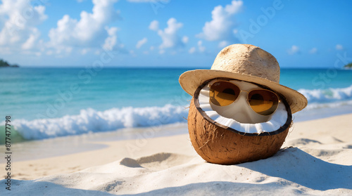 Funny coconut with summer hat and sunglasses laying on tropical sandy beach by sea, ocean. Relaxed summer vibe