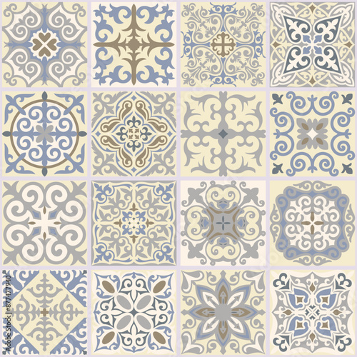 Patchwork texture from tiles in the oriental style. Abstract background. Geometric ceramic design tile 