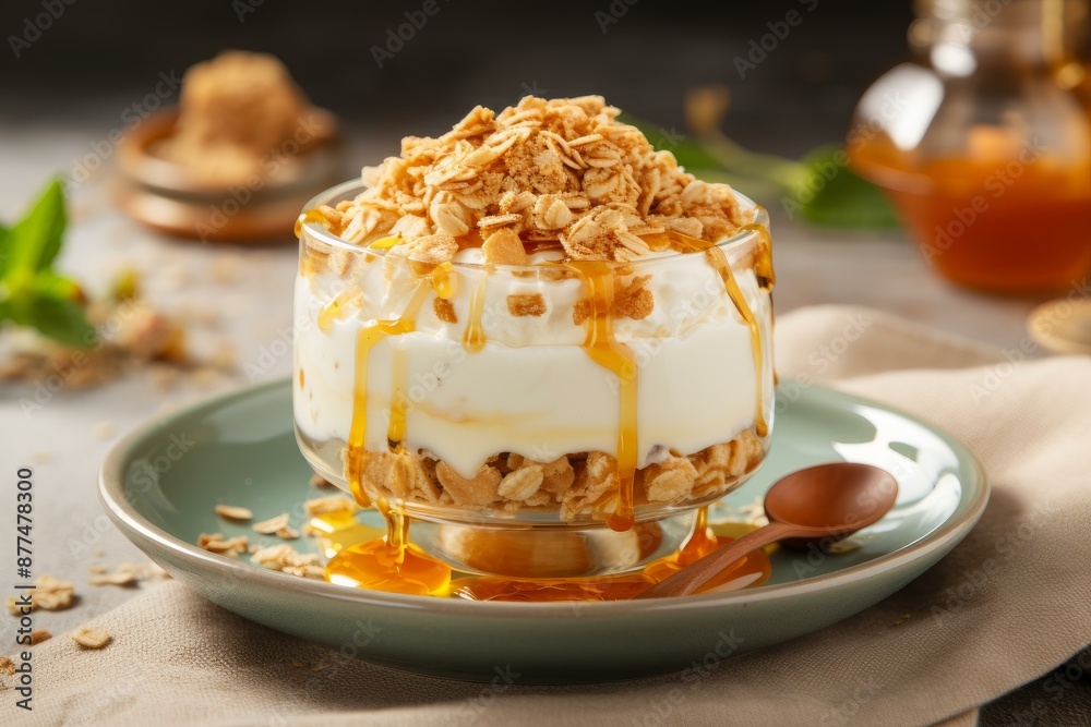 Natural Tasty dessert with oat flakes and honey jar on table. Fruit cereal sweet diet food. Generate Ai Natural Tasty dessert with oat flakes and honey jar on table. Fruit cereal sweet diet food. Generate Ai
