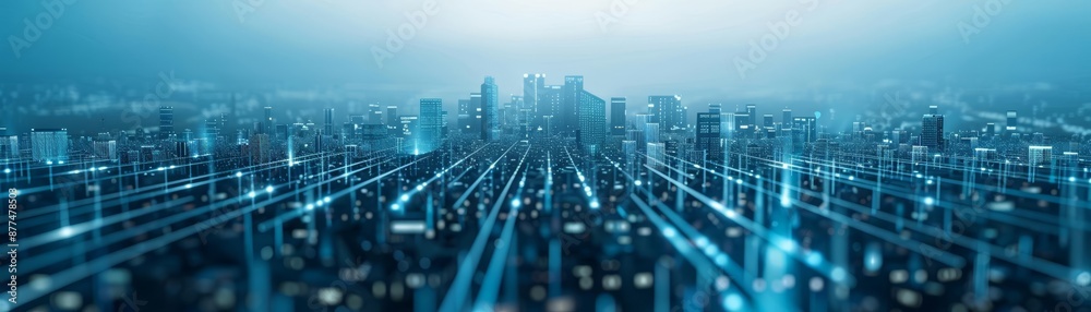 Futuristic cityscape integrating innovation and information networks, front view, highlighting seamless connectivity, advanced tone, Triadic Color Scheme Futuristic cityscape integrating innovation and information networks, front view, highlighting seamless connectivity, advanced tone, Triadic Color Scheme