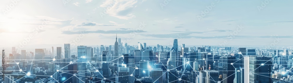 Futuristic cityscape integrating innovation and information networks, front view, highlighting seamless connectivity, advanced tone, Triadic Color Scheme Futuristic cityscape integrating innovation and information networks, front view, highlighting seamless connectivity, advanced tone, Triadic Color Scheme