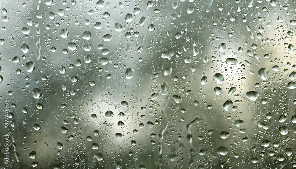 Raindrops hit the glass. with a blurry background of green forest - generative ai Raindrops hit the glass. with a blurry background of green forest - generative ai