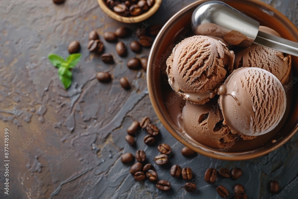 Chocolate coffee ice cream ball in a bowl. ice cream scoop Chocolate coffee ice cream ball in a bowl. ice cream scoop