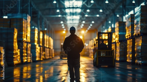 Silhouette of a worker walking through a dimly lit warehouse with stacked pallets and a forklift in the background.