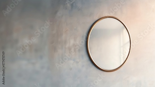 Minimalist round mirror on a textured wall, reflecting soft natural light, creating a serene and elegant ambiance in modern interior design. photo