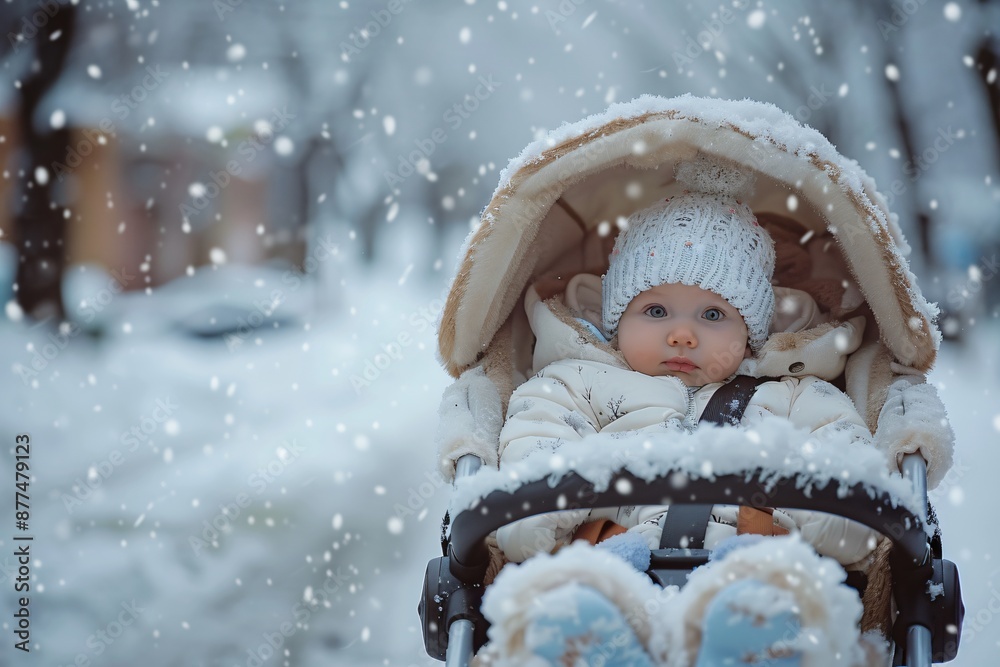 Adorable Baby in a Stroller Enjoying a Snowy Winter Day Adorable Baby in a Stroller Enjoying a Snowy Winter Day