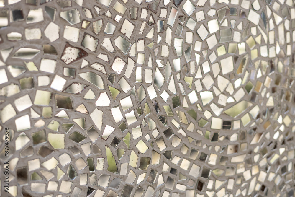 Mirror with crystals in wall, decoration and reflection. Abstract glass background.