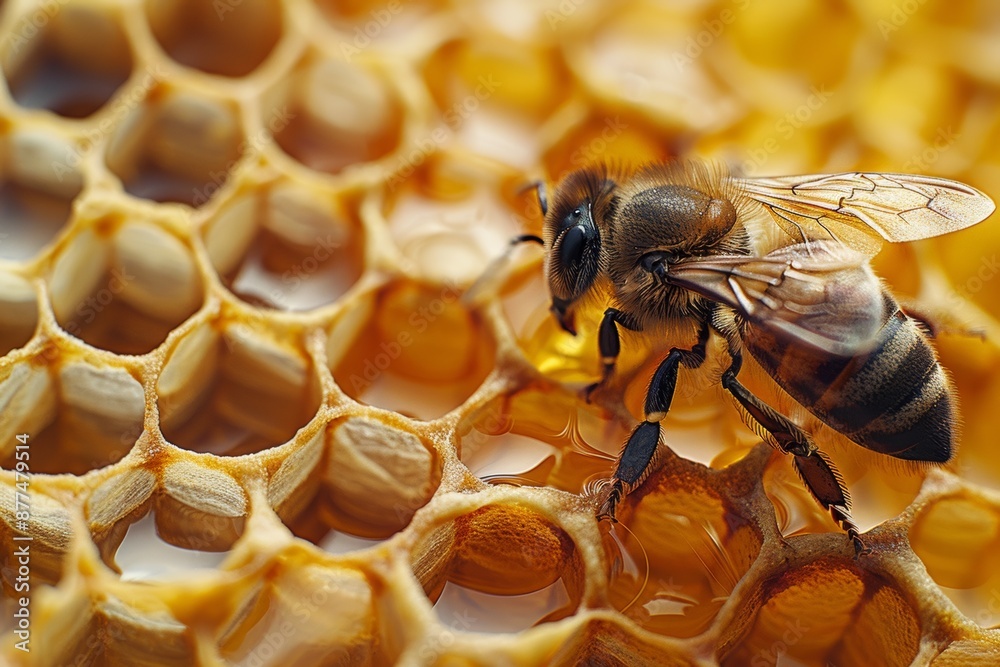 Detailed photograph of a bee with honeycomb cells filled with golden honey, showcasing the intricate architecture of the hive and the bounty of nature's harvest. Detailed photograph of a bee with honeycomb cells filled with golden honey, showcasing the intricate architecture of the hive and the bounty of nature's harvest.