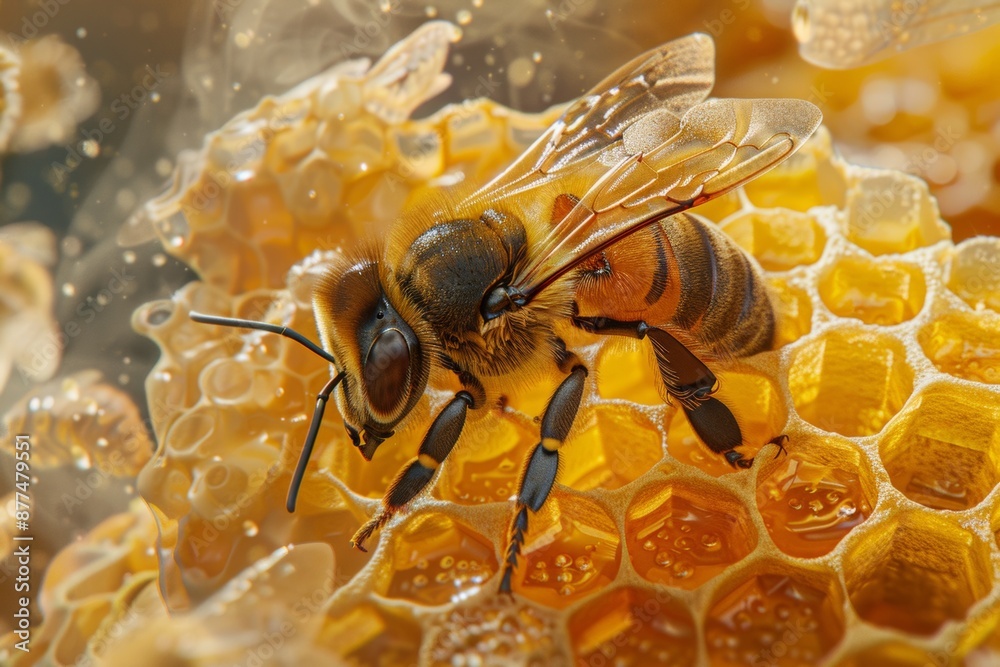 Detailed photograph of a bee with honeycomb cells filled with golden honey, showcasing the intricate architecture of the hive and the bounty of nature's harvest. Detailed photograph of a bee with honeycomb cells filled with golden honey, showcasing the intricate architecture of the hive and the bounty of nature's harvest.
