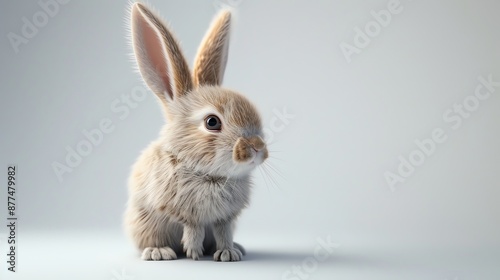 A cute little bunny rabbit with long ears sits on a light gray background. © BERIVAN