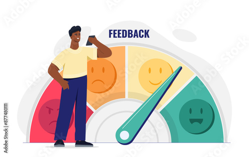 Man with feedback page concept. Young guy sits near emotion indicator. Users opinions and reviews on internet. Customer and client. Poster or banner. Cartoon vector illustration