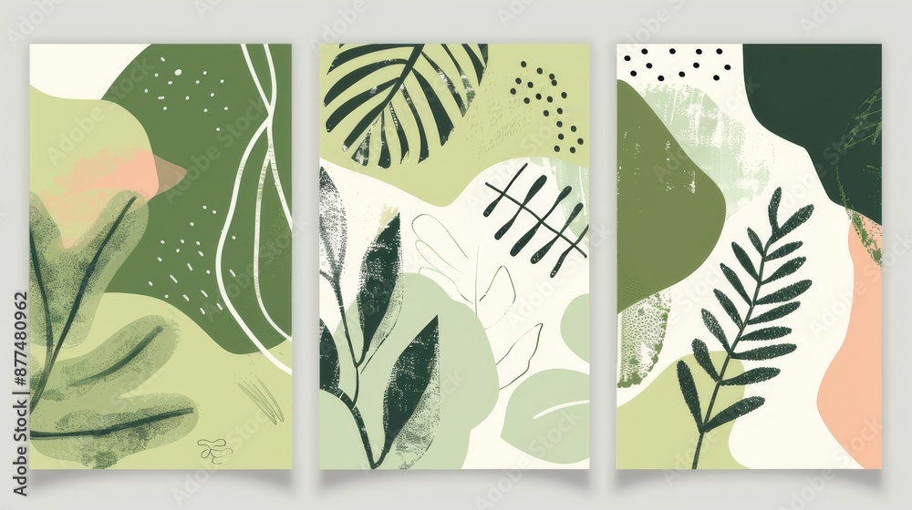 Fototapeta premium set of three abstract botanical vector illustrations on white background