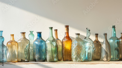 A collection of vintage glass bottles in diverse shapes and colors arranged neatly on a white shelf, drenched in soft, golden light creating a historical and nostalgic ambiance.