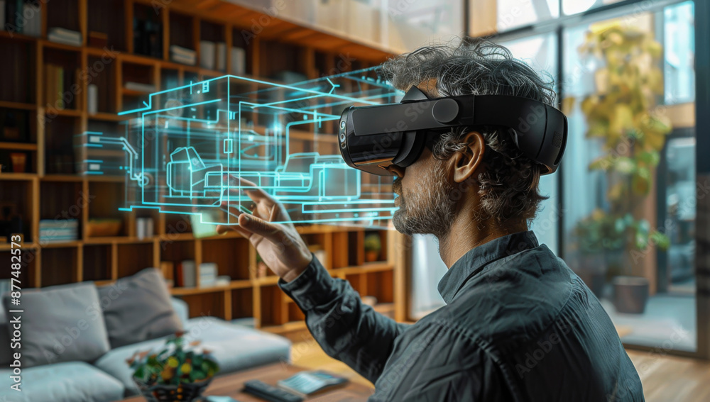 Man uses VR to visualize architecture plans in modern room Man uses VR to visualize architecture plans in modern room