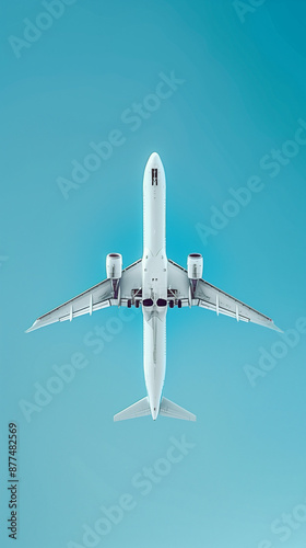 Airplane in a clear blue sky, view from below.