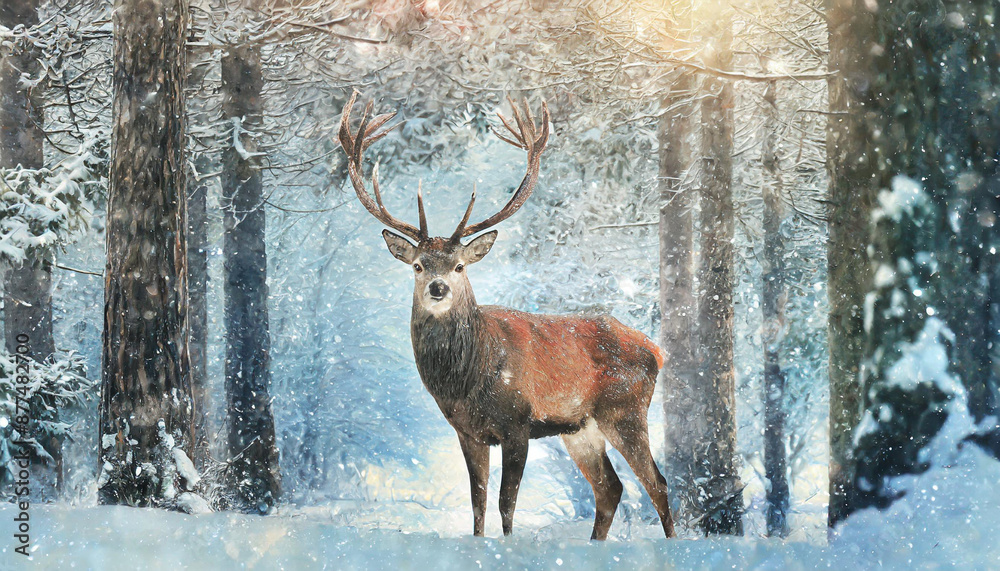 Noble deer male in winter snow forest. Artistic winter christmas landscape. Noble deer male in winter snow forest. Artistic winter christmas landscape.