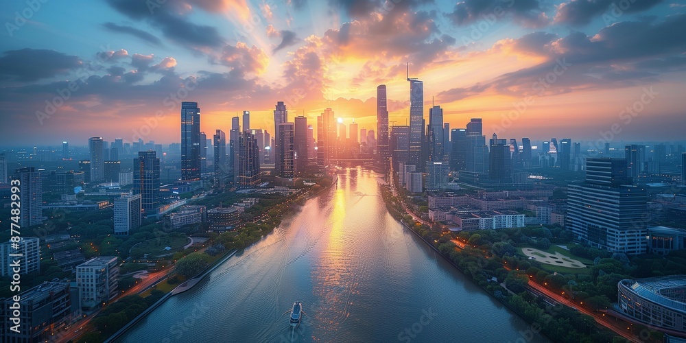 Obraz premium Golden Hour Glow: Modern Financial District, generative ai