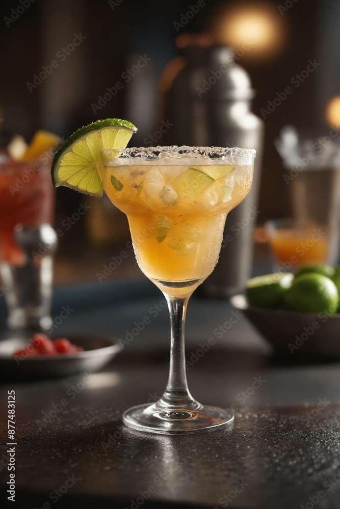A salted rim margarita with a lime wedge, ready to be sipped on a warm evening A salted rim margarita with a lime wedge, ready to be sipped on a warm evening
