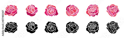 rose silhouette stained glass colorful vector illustration art set. Flower roses petal outline romantic valentine's day love bouquet decorative mosaic graphic design wedding card married red pink line