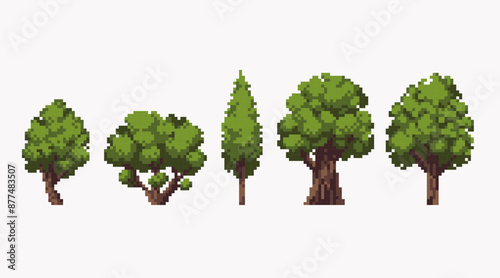 Different trees pixel art icon set. Forest flora species logo collection. 8-bit sprite. Game development, mobile app. Isolated vector illustration.