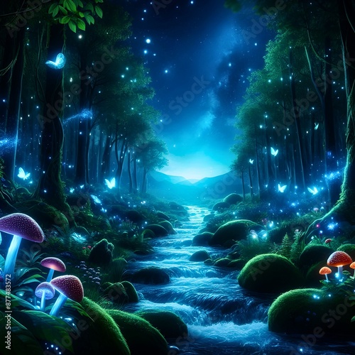 A magical forest filled with glowing mushrooms photo