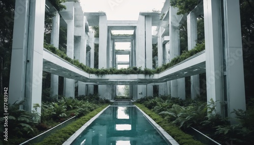 A tranquil oasis: modern architecture and serene waterfall embrace a lush forest retreat