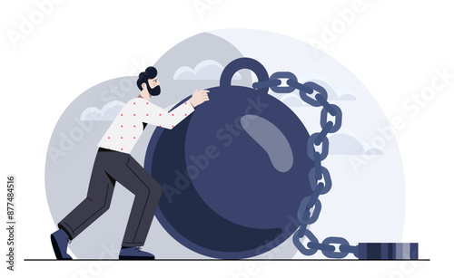 Heavy social load. Man near large weight with chain. Mortgage and credit. Businessman suffering from debt burden. Economical slave. Cartoon vector illustration isolated on white background