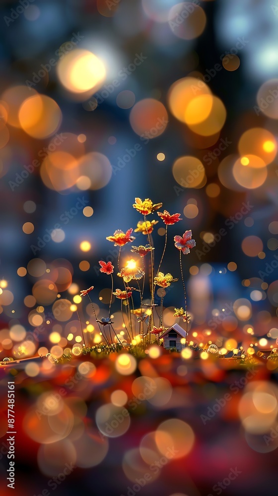 Create an image of a beautiful flower field with a small house in the middle. Make the flowers look like they are glowing in the sunlight. Add some light bokeh in the background. Create an image of a beautiful flower field with a small house in the middle. Make the flowers look like they are glowing in the sunlight. Add some light bokeh in the background.
