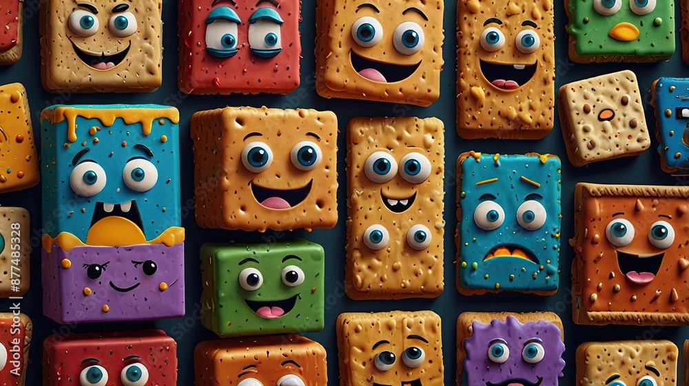 Fototapeta premium Crisply detailed cookie displaying a range of cute expressions and humorous faces in a lively vector illustration