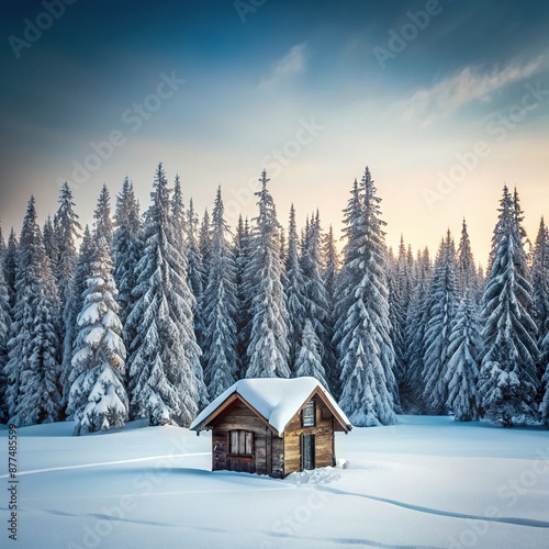 solitary wooden cabin stands nestled among towering trees in vast, snow-covered wilderness, surrounded by nothing but silence and the stillness of nature., cabin, wilderness