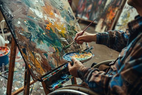 Close up of a Passionate Disabled Painter's hands  in Studio, Expressive Artwork photo