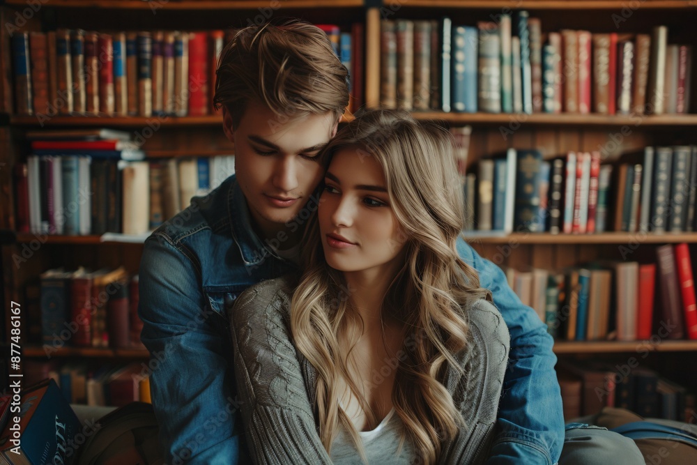 Cozy Couple Embracing in a Library Filled with Books Cozy Couple Embracing in a Library Filled with Books