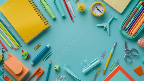 Colorful school and office supplies arranged on vibrant turquoise background, creating a cheerful and organized workspace for students or professionals.