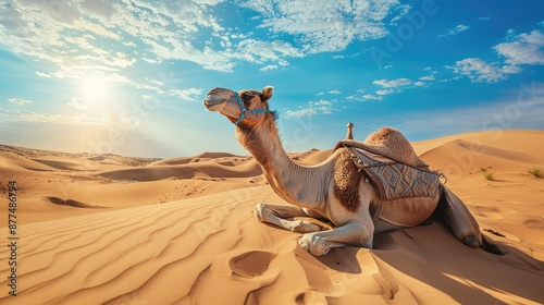 Fototapeta Naklejka Na Ścianę i Meble -  Dromedary Arabian camel resting on sand dune in the desert. One-humped camel sitting, wildlife concept