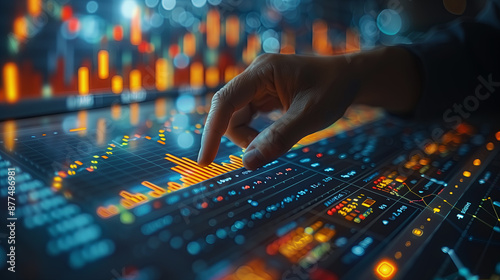 A hand of a businessman touching stock market financial investment and trading graph interface