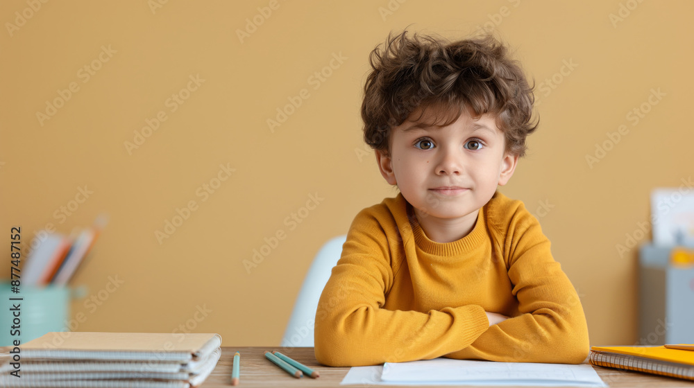 Young boy at desk with notebooks and pencils in classroom. Back to school and education concept. Young boy at desk with notebooks and pencils in classroom. Back to school and education concept.