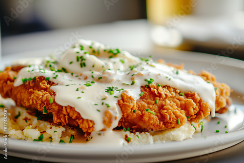 Close-up of chicken fried steak with white gravy on a plate