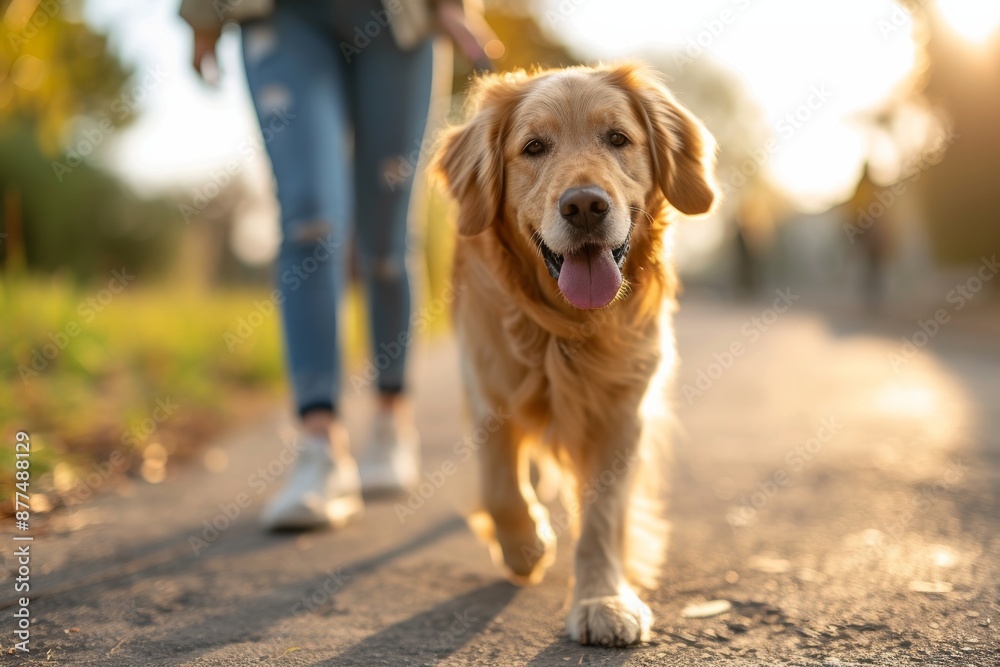 Woman walking with dog in park. Cheerful golden retriever or labrador running in forest. Generated AI Woman walking with dog in park. Cheerful golden retriever or labrador running in forest. Generated AI