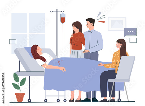 Hospital visit concept. Young girl lies in hospital room, her family supports her daughter. Health care and medicine, treatment of patient. Cartoon vector illustration isolated on white background