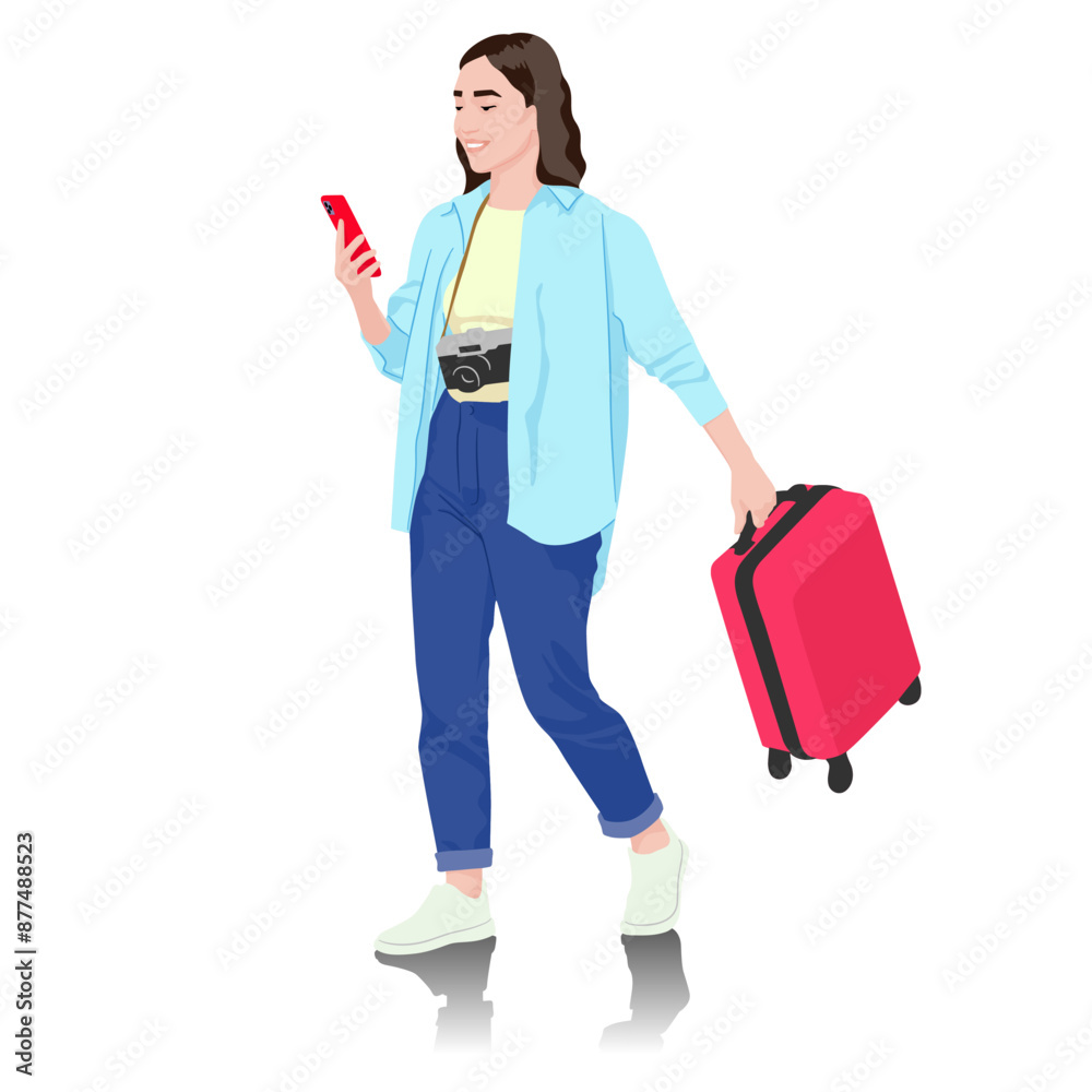 Young woman tourist with camera and smartphone. Girl in casual clothes with a suitcase. Female traveler goes on a journey. Vector illustration isolated on white Young woman tourist with camera and smartphone. Girl in casual clothes with a suitcase. Female traveler goes on a journey. Vector illustration isolated on white