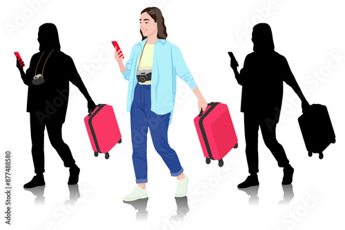 Young woman tourist with camera and smartphone. Girl in casual clothes with a suitcase. Female traveler goes on a journey. Vector illustration isolated on white	